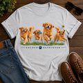 Golden Retriever Pack Graphic T-Shirt — Playful Dogs Throwing Frisbee