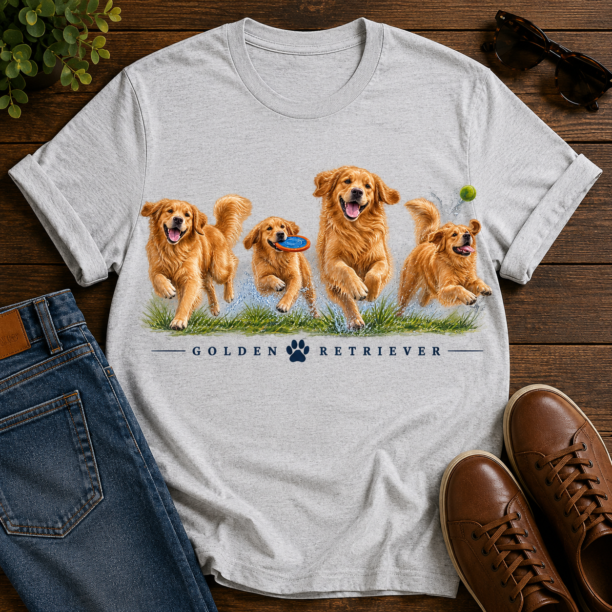 Golden Retriever Pack Graphic T-Shirt — Playful Dogs Throwing Frisbee